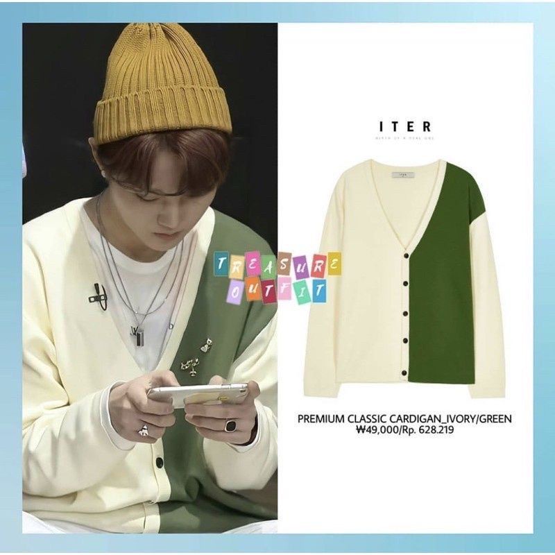 CARDIGAN RAJUT HARUTO TREASURE OUTFI/SWEATER CARDI KOREAN STYLE JAY HARUTO DOYOUNG IVORY/GREEN