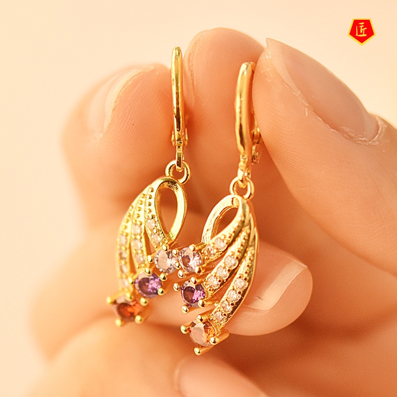 [Ready Stock]Fashion Personality 18K Gold Color Gemstone Wings Earrings