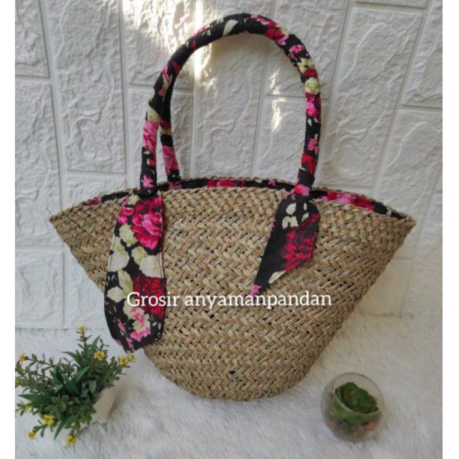 Tas MENDONG NATURAL KOMBI KAIN BUNGA/ Tas Anyaman Pandan / Tas Etnik