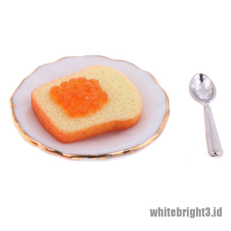 (white3) 3pcs / set Miniatur Piring + Sendok Roti Panggang Skala 1: 12 Untuk Aksesoris Rumah Boneka