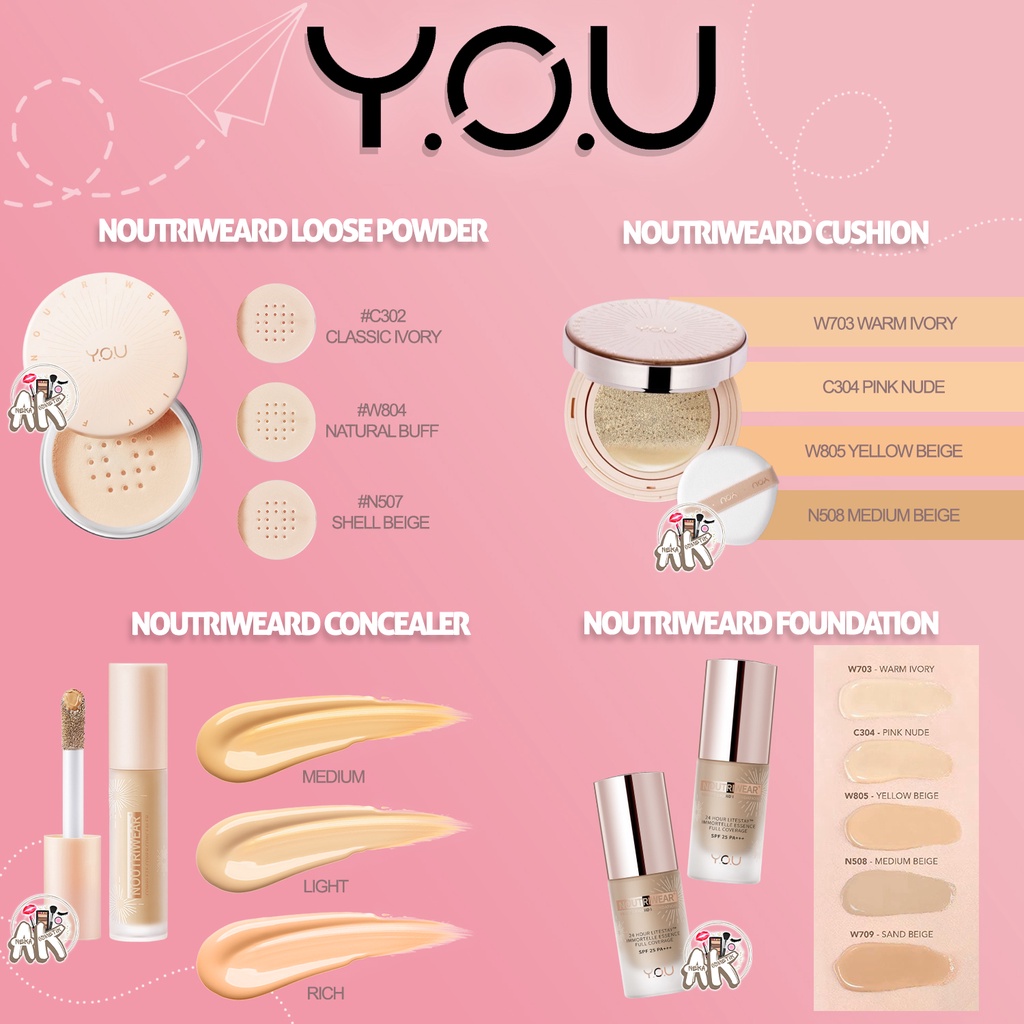 Y.O.U NOUTRIWEAR SERIES ( LIQUID FOUNDATION / CONCEALER / CUSHION / LOOSE POWDER / MAKE UP STAY LOCK / BEDAK PADAT (PRESSED FOUND) )