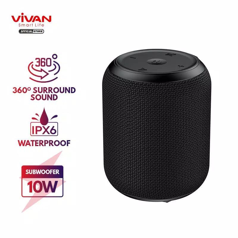 C_   Vivan vs12 Speaker bluetooth 5.0 surround sound 360 waterproof IPX6 ABU/HITAM