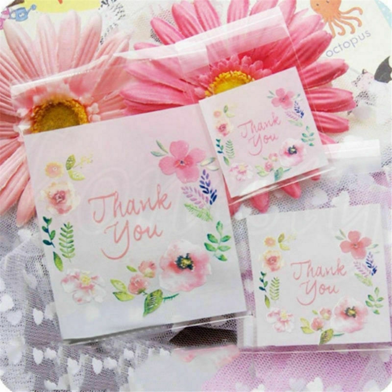 100 Pcs / set Tas Kemasan Kue / Biskuit / Permen Motif Bunga Thank You Dengan Perekat Untuk Pesta Ulang Tahun