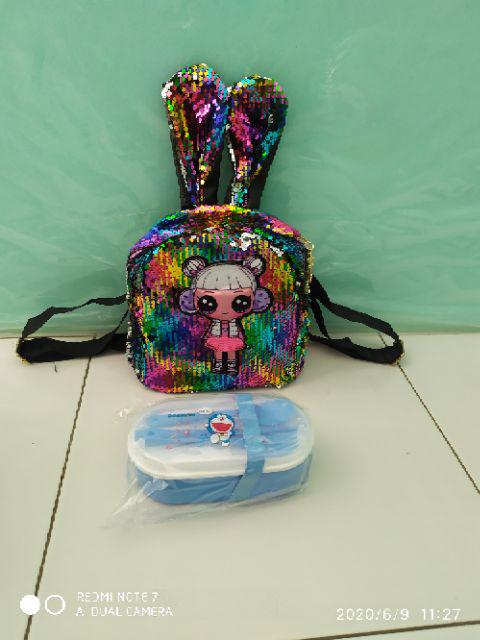 TAS RANSEL SEQUIN TAS LOL TELINGA KELINCI LED NYALA 