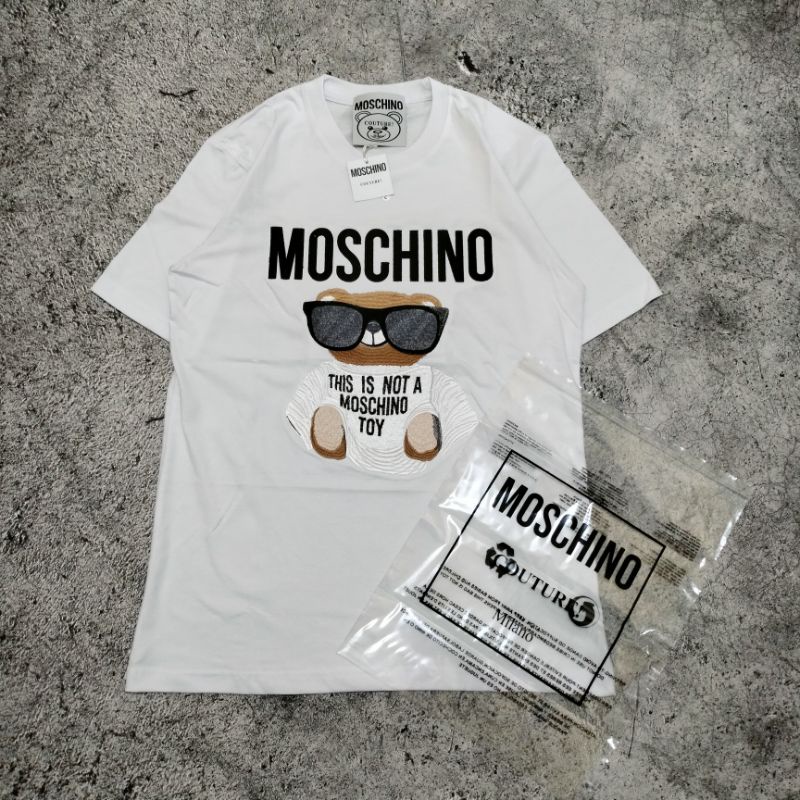 KAOS T-SHIRT MOSCHINO FULL BORDIR PUTIH AUTHENTIC PREMIUM FULLTAG &amp; LEBEL