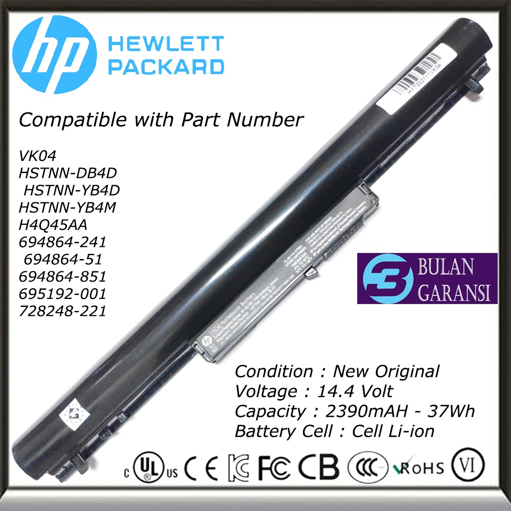 Baterai Original Laptop Hp VK04 Sleekbook 14 14-B000EX 14-B001EK Pavilion 14 15 242-G0 242-G1 HSTNN-YB4D HSTNN-YB4M TPN-Q113 TPN-Q114 TPN Q115