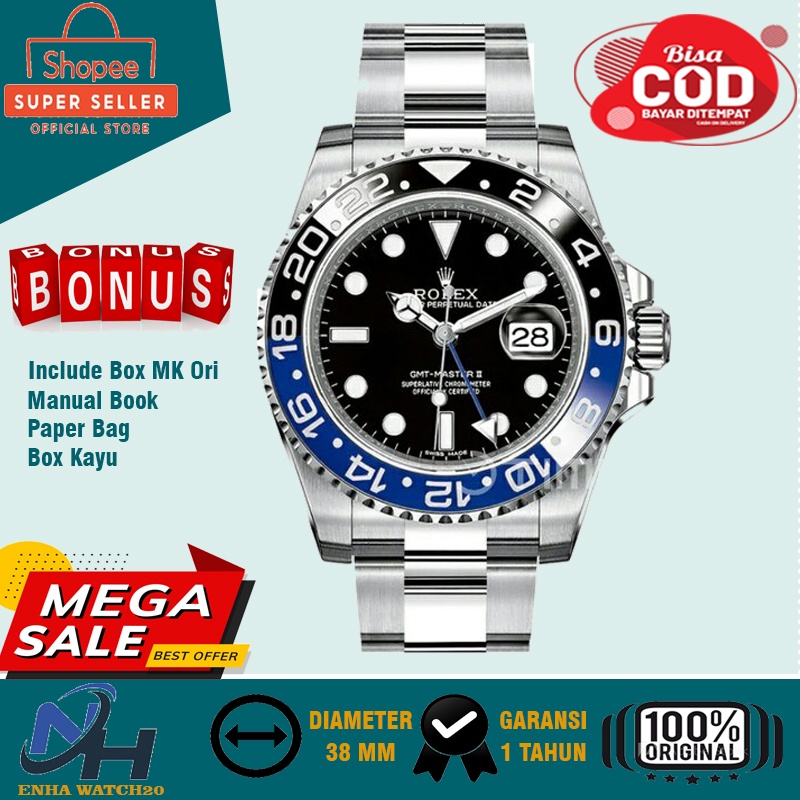 Jam tangan Unisex Pria Wanita ROLEX GMT MASTER Warna Combinasi Diameter Arloji Rolex Pria Wanita Ter