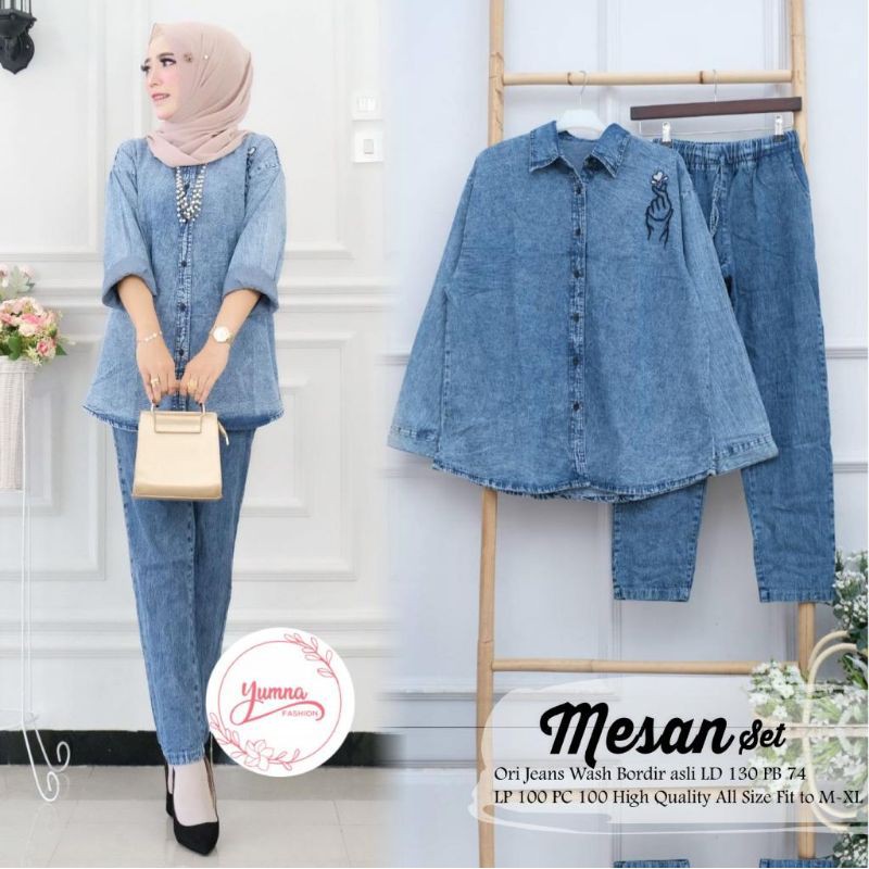 Baju Setelan Wanita Casual• OneSet Jeans Wanita Terbaru Setelan Jeans Kekinian Bordir Asli M-XXL