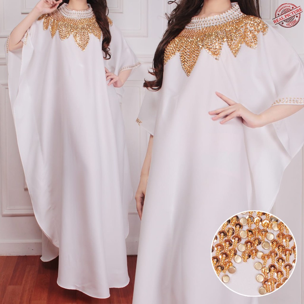 HOPYLOVY - Dress Wanita Model Kaftan Kombinasi Manik Matahari bahan Wollcrepe