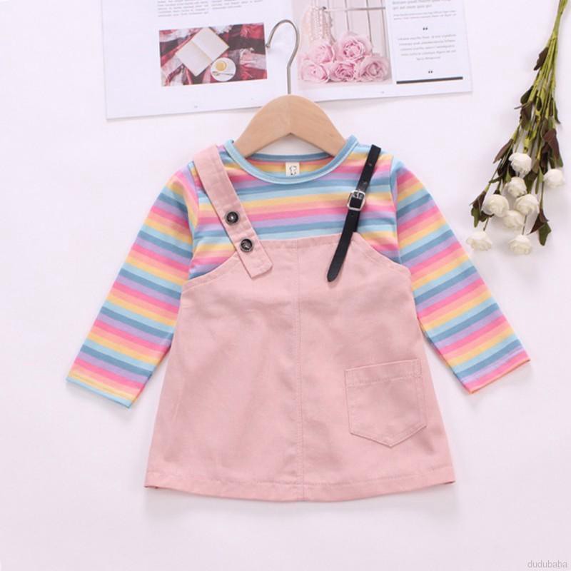 DRESS ANAK PEREMPUAN Casual Lengan Panjang dengan Motif Garis-Garis Warna Pelangi