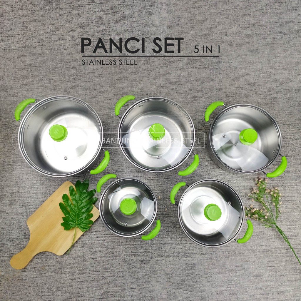 Panci sup soup pot set 5in1 stainless steel tutup kaca cantik pegangan hijau murah serbaguna