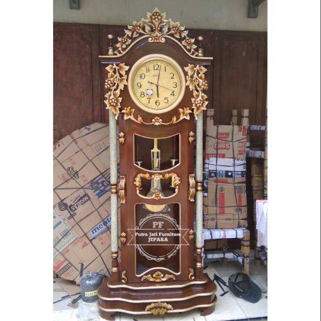 Jam Masjid Bahan Kayu Jati - Jam Hias Ukir - Jam Berdiri Motif Anggur