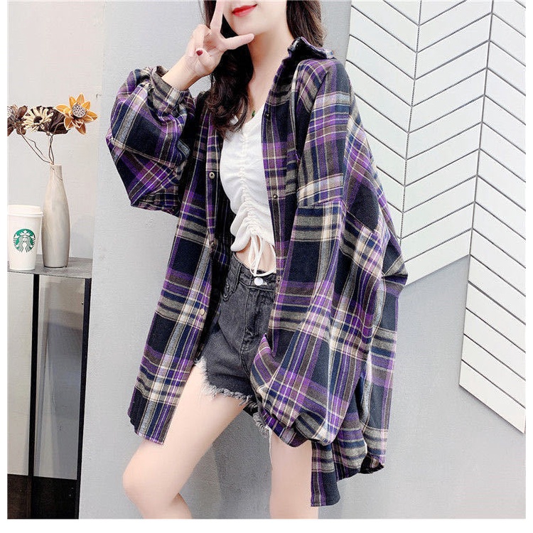 Kemeja Wanita Casual Lengan Panjang Model Longgar Motif Kotak-Kotak KoreaStyle Atasan M-3XL-5