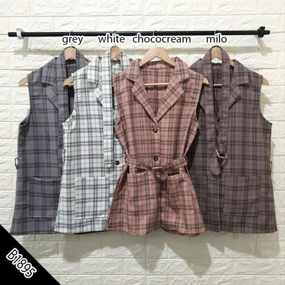 B1895 OUTER WANITA MOTIF KOTAK TARTAN VEST ROMPI TANPA LENGAN CASUAL