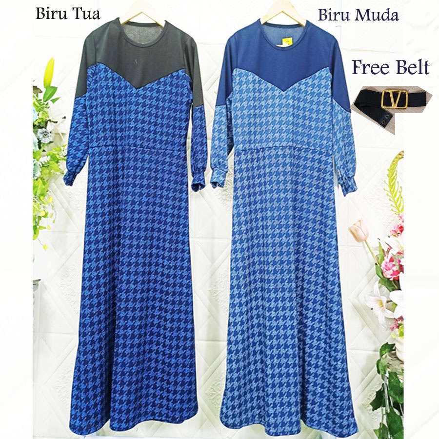 ANITA HOUNDSTOOTH BIRU GAMIS DAPAT BELT GESPER GL FASHION