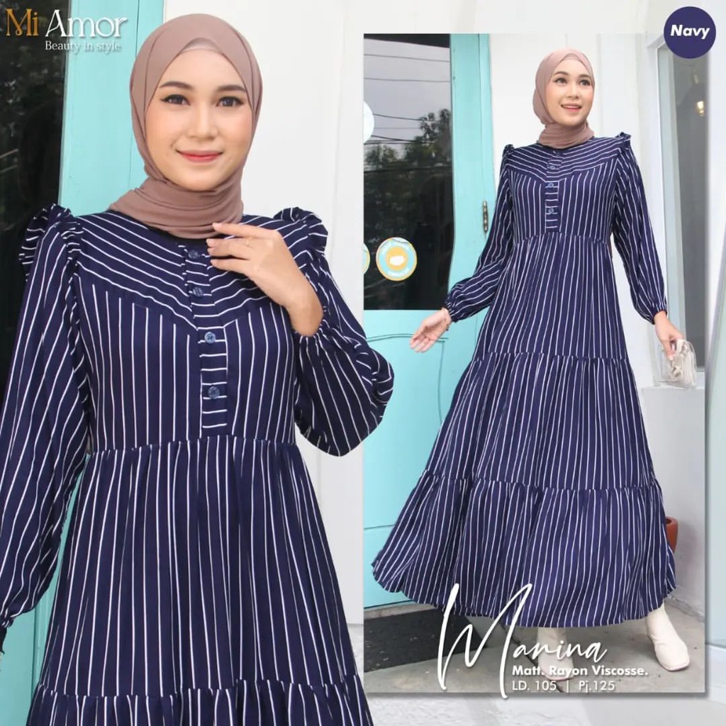Gamis Motif Wanita Garis Marina Kasual Style Pakaian Muslim Style