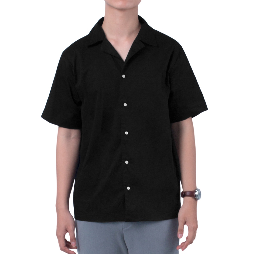 Kasual Kemeja Cuban Bowling Poplin Shirt Hitam
