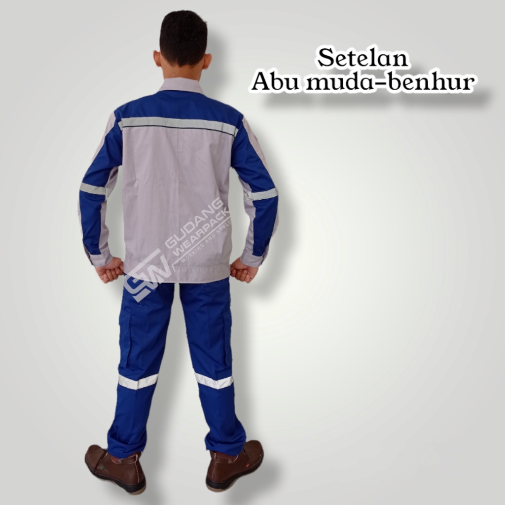 SETELAN Wearpack ABU MUDA-BENHURlengan panjangsleting/BAJU KERJA K3 SETELAN (setelan standar)