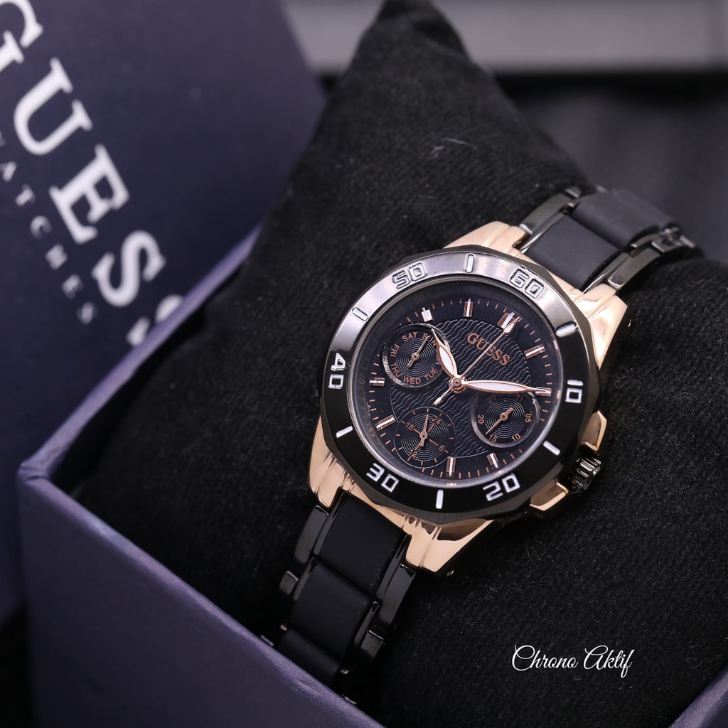 BEST SELLER JAM TANGAN WANITA GUESS FM155 TALI RANTAI KOMBI CHRONO AKTIF DM 3.5CM FREE BOX BATERAI CADANGAN || JAM TANGAN FASHION WANITA JAM TANGAN CEWEK MURAH GC GUESS