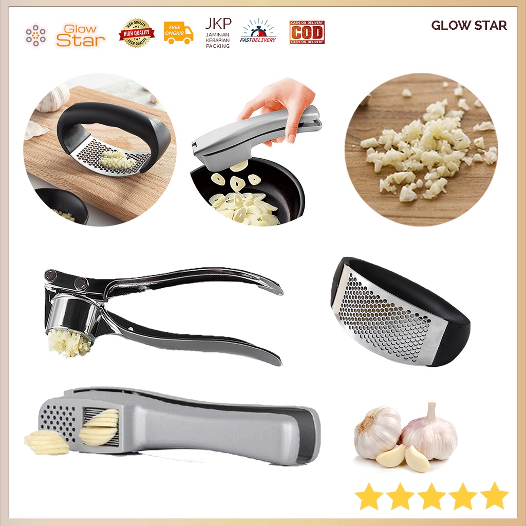 Easy Stainless Steel Garlic Pressure / Penghancur Bawang Pencincang Pengiris Slicer Mincer Perata Pemotong Potongan Parutan Bawang Putih Presser Crusher Squeezer