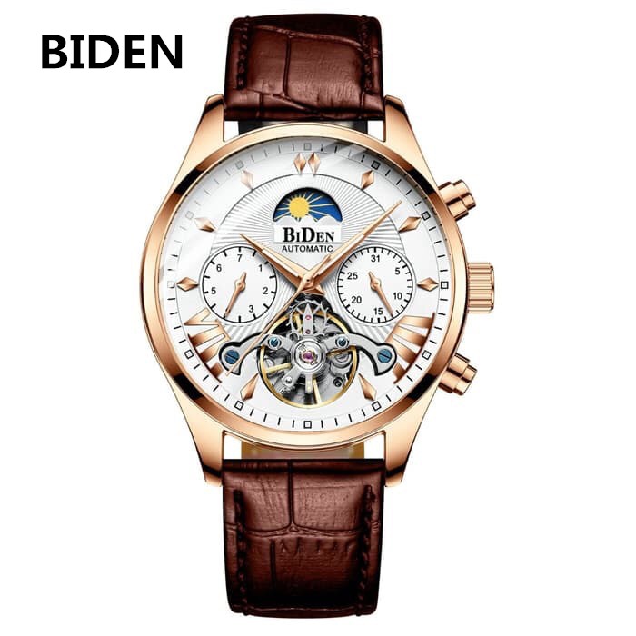 Jam Tangan BIDEN Pria Jam tangan mekanik Kulit Strap Bisnis Fashion - Cokelat | WATCHYH