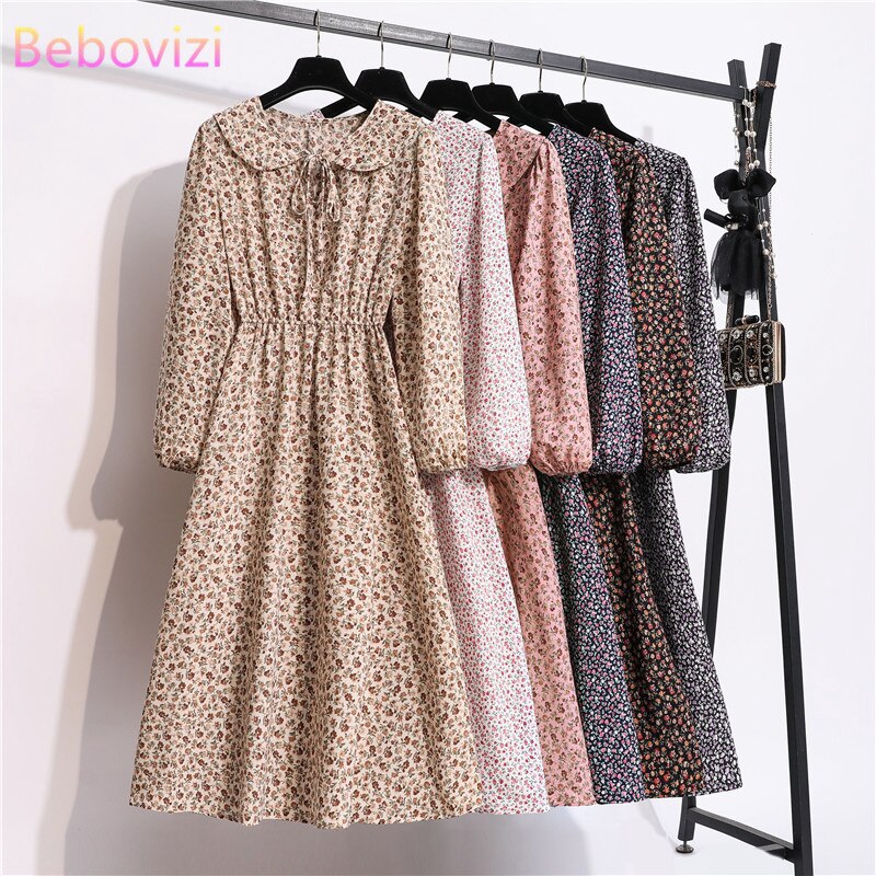 Bebovizi Gaun Maxi Casual Wanita Lengan Panjang Dengan Bahan Sifon Motif Floral Dan Bergaya Elegan