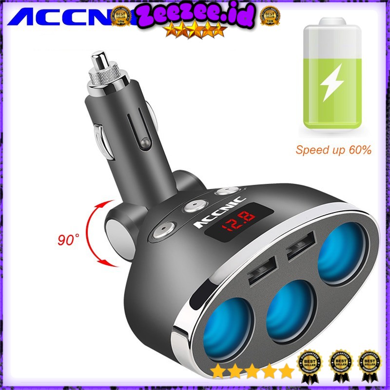 Accnic Car Charger 2 USB Port + 3 Cigarette Plug 3.4A LCD Display - T3 - Black