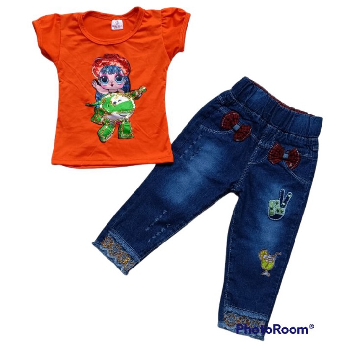 stelan anak perempuan motif kartun lucu lucu Random stelan kaos &amp; jeans anak atasan bawahan anak anak mutah