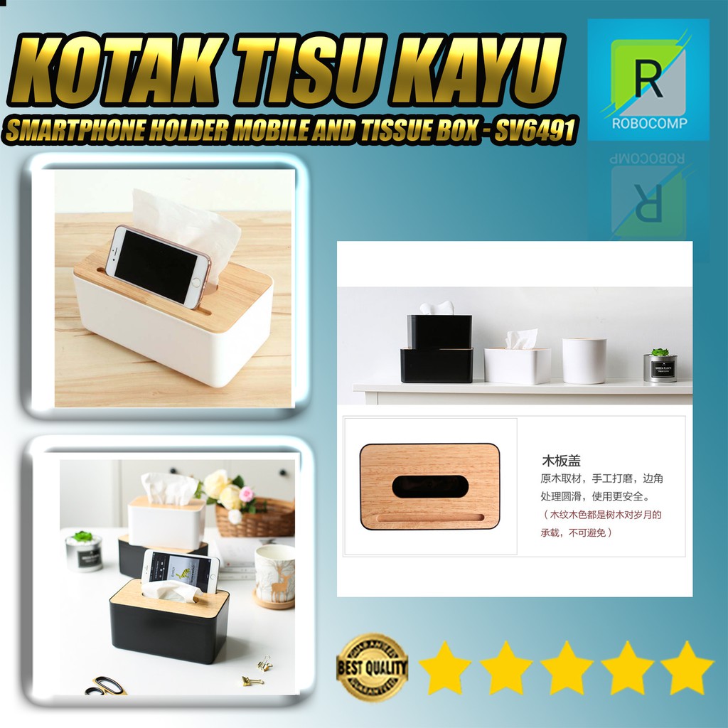 Kotak Tisu Kayu dengan Smartphone Holder Mobile and Tissue Box -SV6491 - Putih