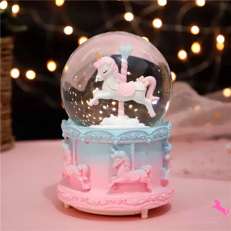 Snowball Unicorn Kotak Musik Lampu Kamar Anak Warm White Kado Anak Music Box Mainan Music Snow ball