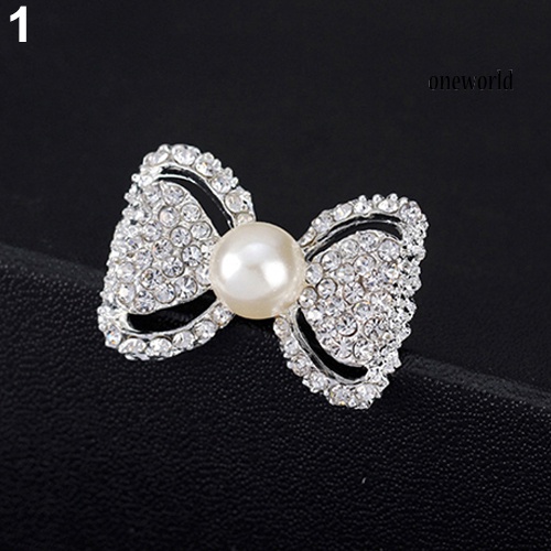 OW@ Lady Fashion Bowknot Shiny Rhinestone Imitation Pearl Scarf Dress Brooch Pin