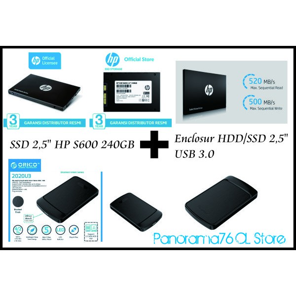 SSD Portable HP S600 240GB Sata 3 + Enclosur ORICO 2.5" USB 3.0 R up to 520Mbps W up to 500Mbps