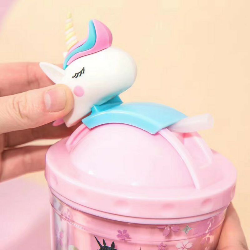 Botol Minum Unicorn Tumbler Glitter Rainbow Boneka Silikon Sedotan Gelas Tempat Minum Kado Ultah