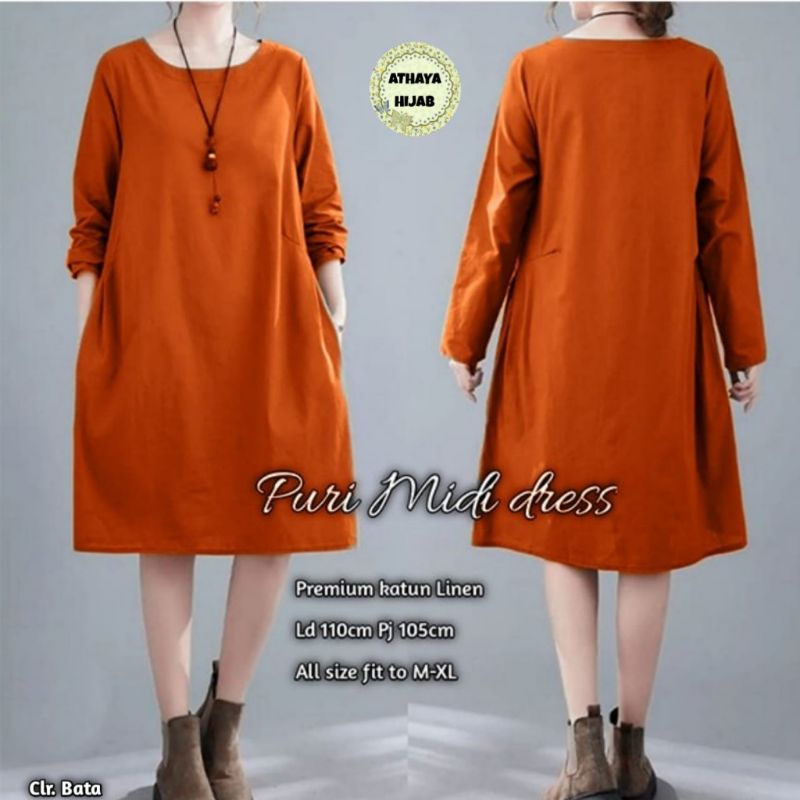 Pakaian wanita puri midi dress premium katun linen ori athaya hijab