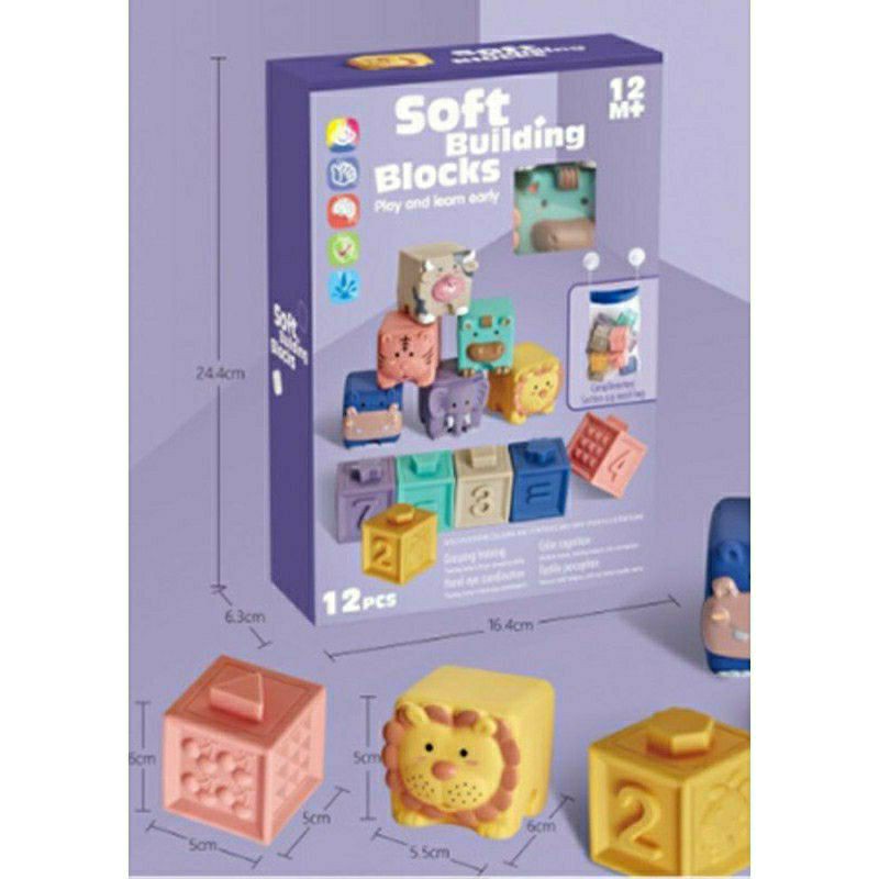 RESTOCK Softblock Mainan bayi Soft Building Blocks 12 pcs animals numbers