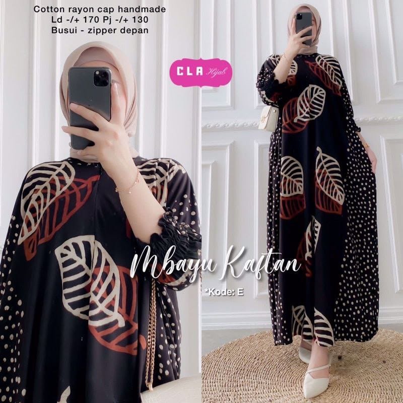 Batik A W - Kaftan Cap Encim Motif Sogan Super Jumbo LD 150 Black Color Busui Resleting Lengan 7/8 Gamis Rayon Kaftan Jumbo