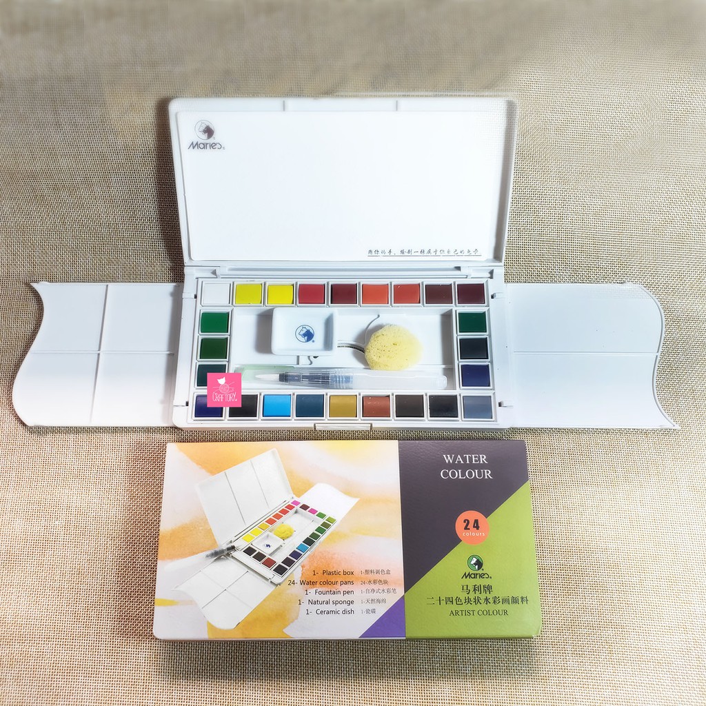 

Maries Solid Watercolor set 24 / water colour Pocket Cat Air Palette Waterbrush tank Travel Painting