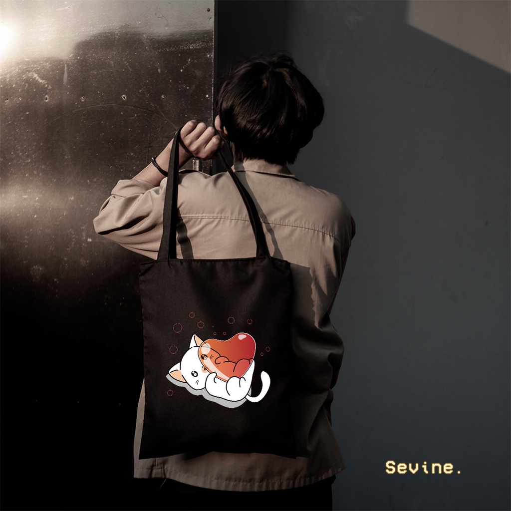 Sevine Tas Wanita Tote Bag Resleting Totebag Cute Cat Black Series - CSL5