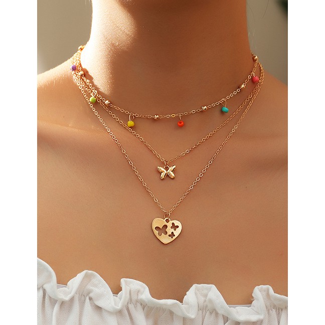LRC Kalung Fashion Gold Color Love Butterfly Rice Bead Alloy Multilayer Necklace K98631