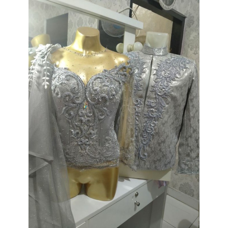 set longtorso & beskap modifikasi silver + selendang pundak