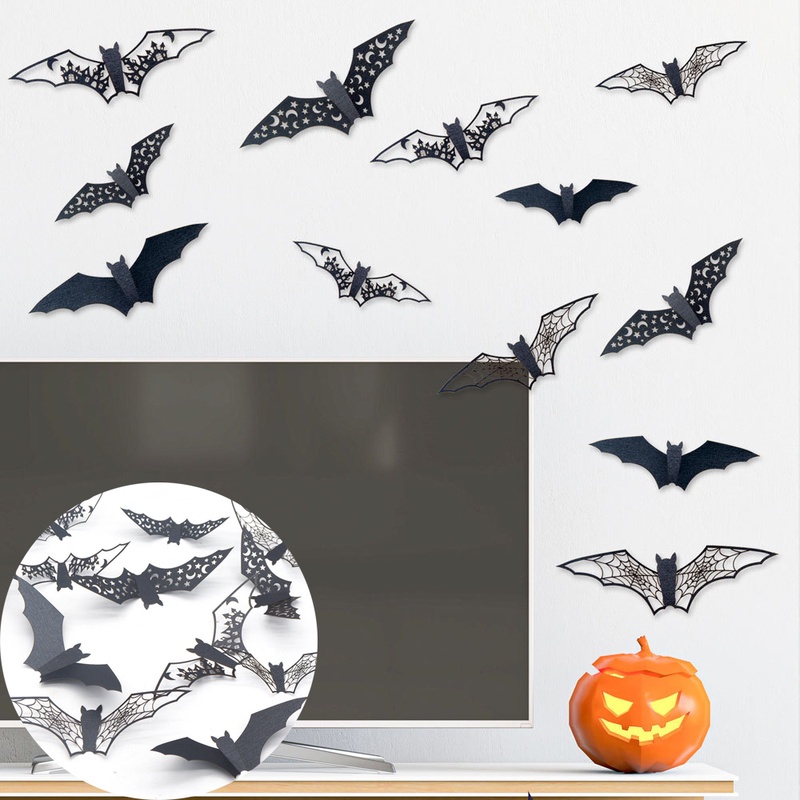 12 Pcs Stiker Dinding Desain Kelelawar 3D Warna Hitam Untuk Dekorasi Pesta Halloween