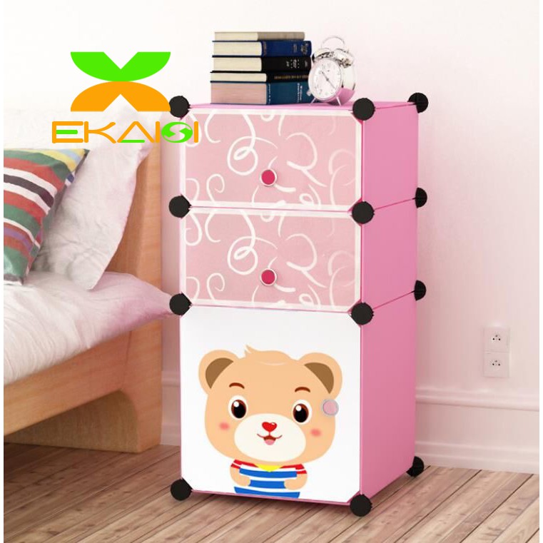 Ekaisi Lemari plastik bedside table anti air rak buku susun 3 pintu/kotak hello kitty