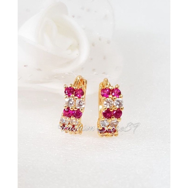 Anting Jepit Permata Kombinasi pink white xuping perhiasan lapis emas bestseller xuping TRX180R