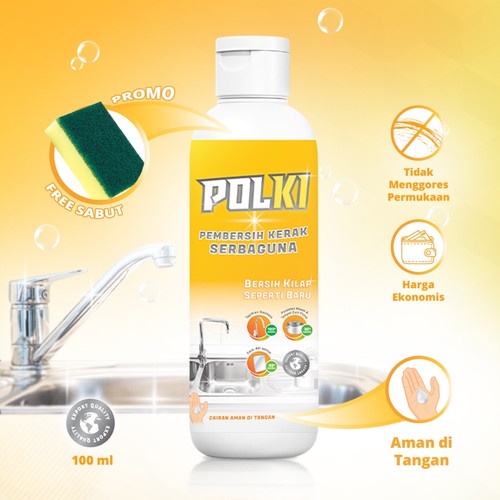 POLKI Pembersih Kerak Serbaguna 100ml - Penghilang Noda Stainless Steel Kaca Metal 100 ml / Pembersih Panci Keran Kran Air GRATIS SPONS CUCI PIRING