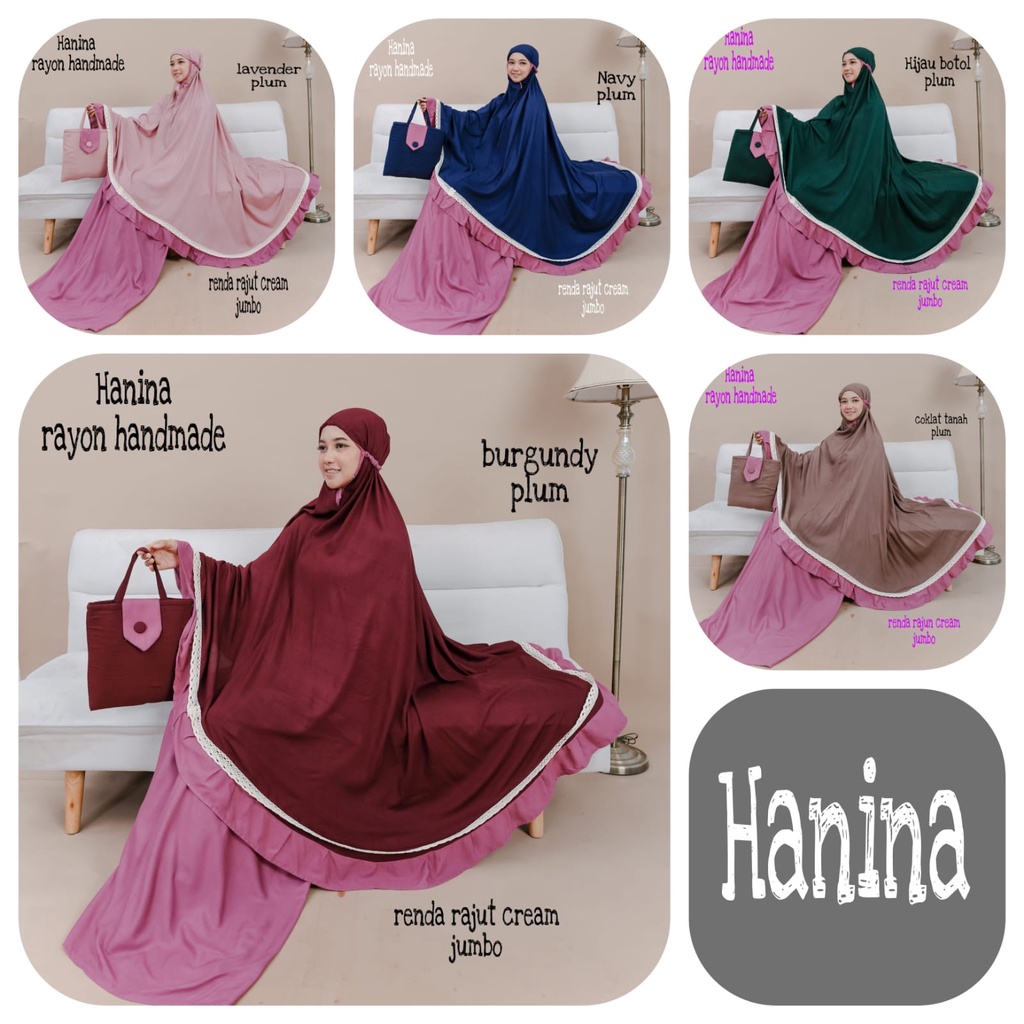 Mukena Hanina Rayon Bawahan Plum Atasan 5 Variasi Warna Renda Rajut Cream Jumbo Handmade Bali Polosan Mukenah High Quality - Dewasa