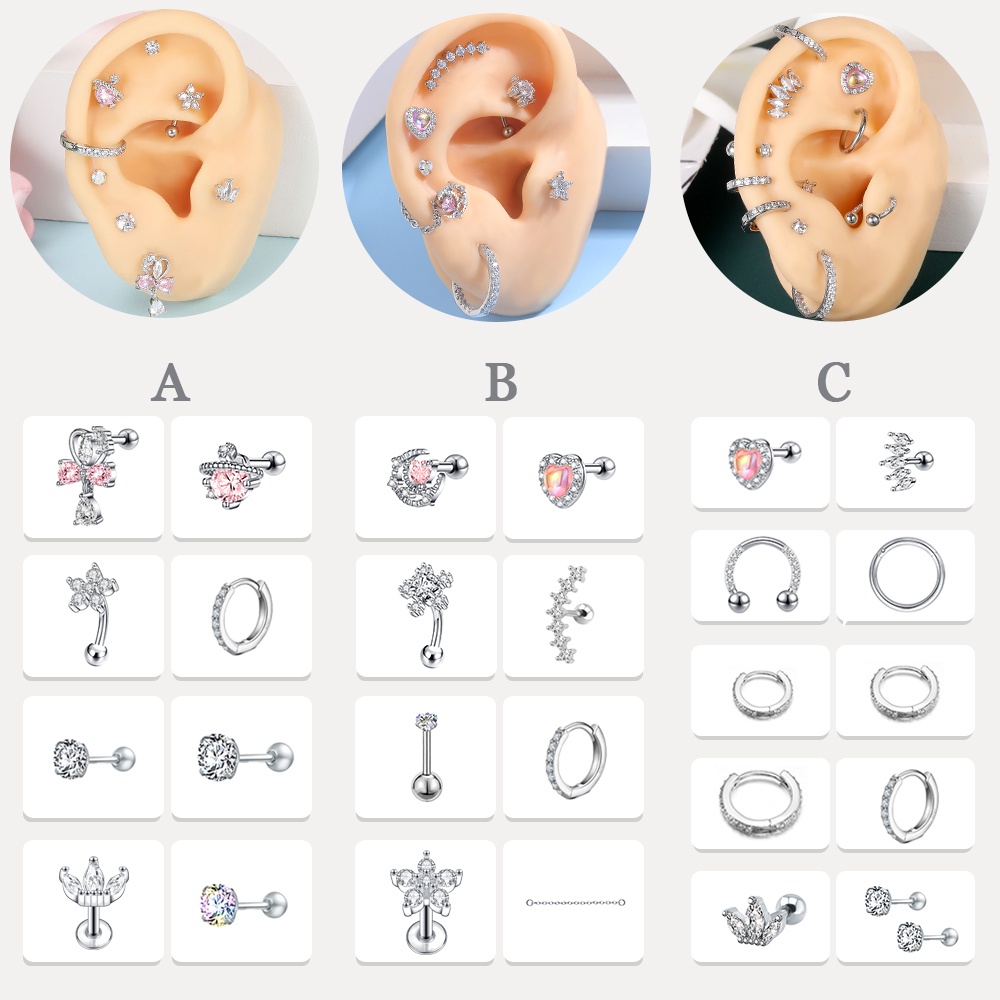 1 Set Anting Stud Kristal Bahan Stainless Steel Untuk Tindik Tulang Rawan