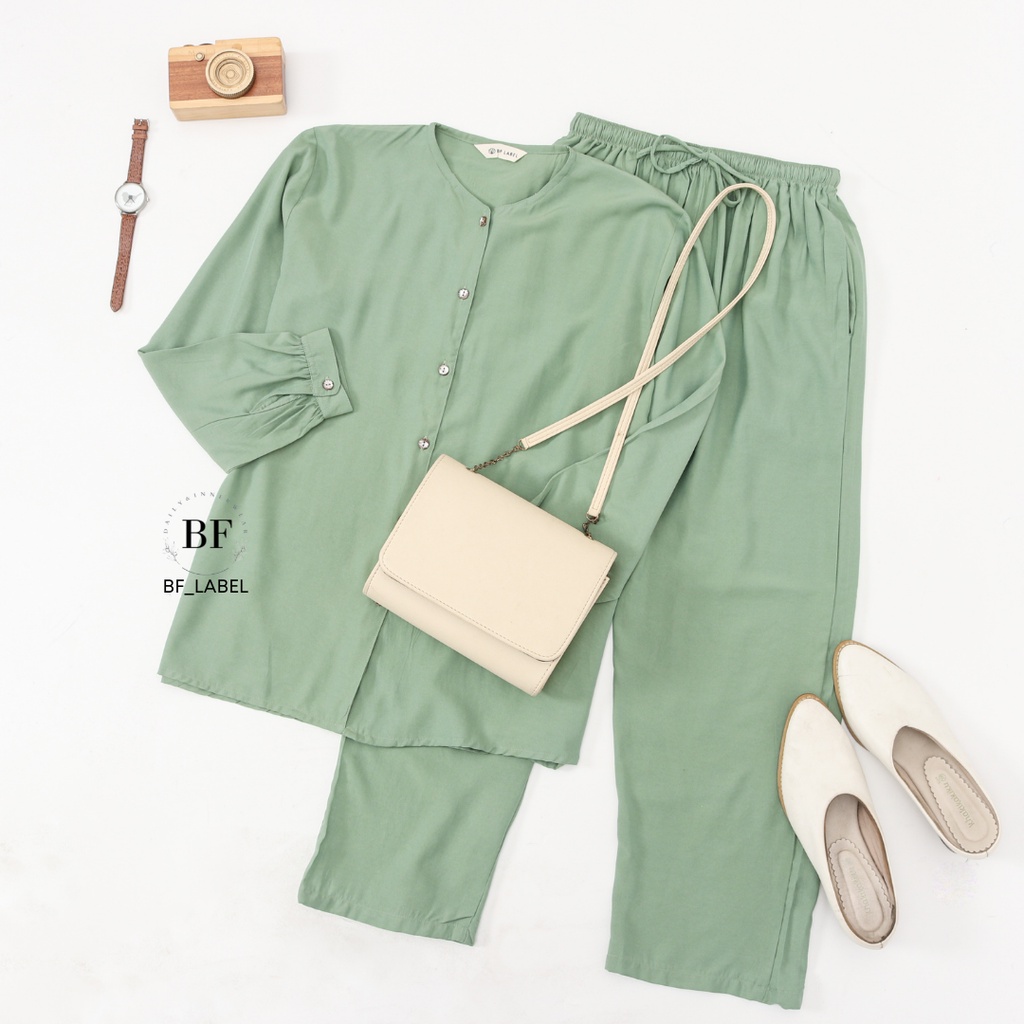 NARA SET | One set rayon polos basic celana panjang kemeja panjang sleepwear piyama by @bf_label BF Label-Sage Green