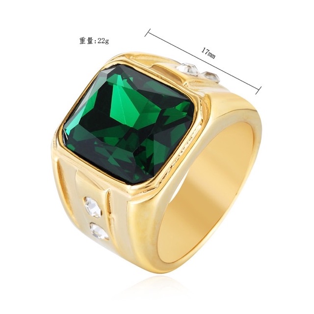 Cincin Pria Titanium Zamrud Hijau Green Emerald Ring Warna Emas Octagon Mewah Minimalis