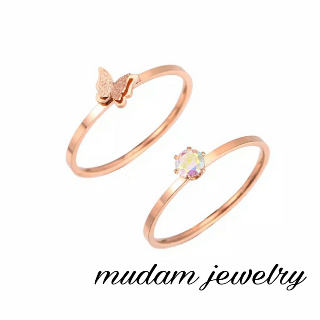 Cincin Titanium Mini Aksen Kupu - Kupu 2 in 1 Dengan Zirkan Rose Gold, Gold dan Silver