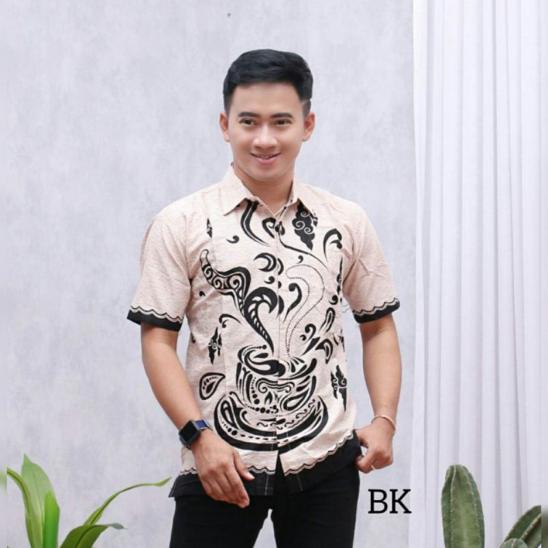 BSWART Batik HRB026 Kenongo Hem Pendek Padi Pekalongan M L XL Batik Pria MURAH Modern Grosir-Kopi.